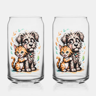 ✨Cute Dog and Cat Friendship Cartoon Design Can Glass