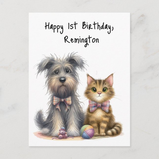 Cute Dog and Cat Happy 1st Birthday Personalised Postcard (Front)