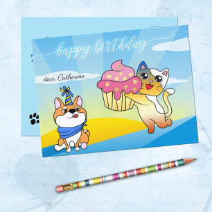 Cute Dog and Cat Lover Cartoon Birthday Postcard