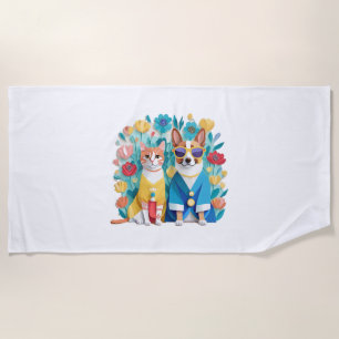 Cute dog and cat newlyweds wearing Korean hanbok. Beach Towel
