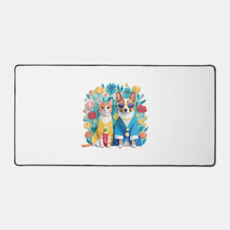 Cute dog and cat newlyweds wearing Korean hanbok.  Desk Mat