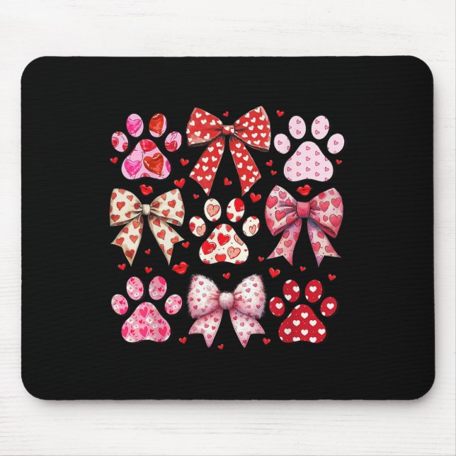 Cute Dog And Cat Paw Valentines Day Coquette Bow  Mouse Pad (Front)