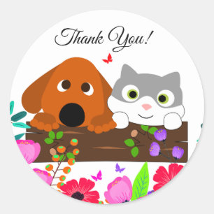 Cute Dog And Cat With Flowers And Butterfly Classic Round Sticker