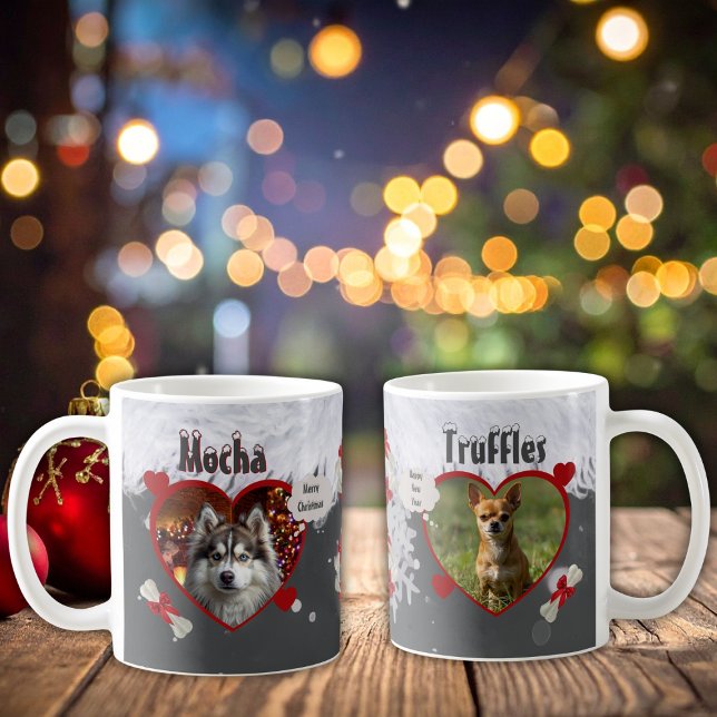 Cute Dog and Coffee Lovers 2 Photo Christmas Coffee Mug (Cute dog lovers 2 photo template gift personalized Christmas mugs with names and holiday bones)