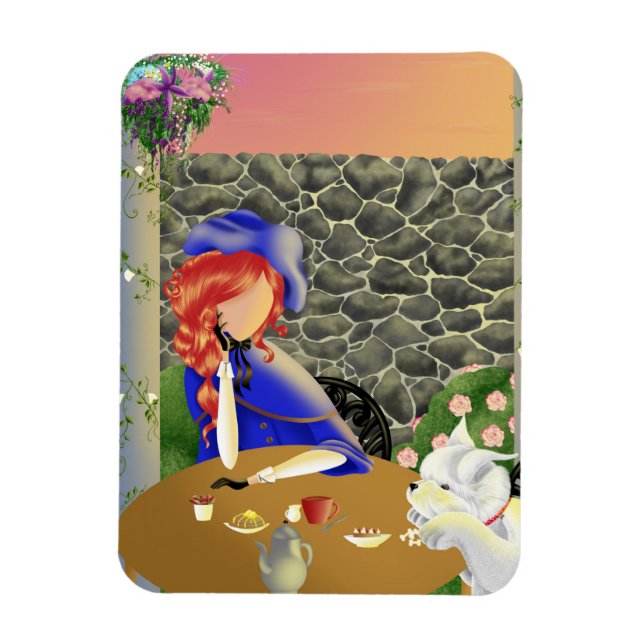 Cute Dog and Lady in cafe at sunset Magnet (Vertical)