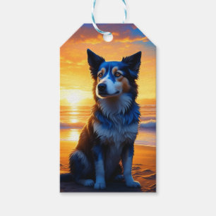 Cute Dog at Sunset Serene Ocean Beach Gift Tags