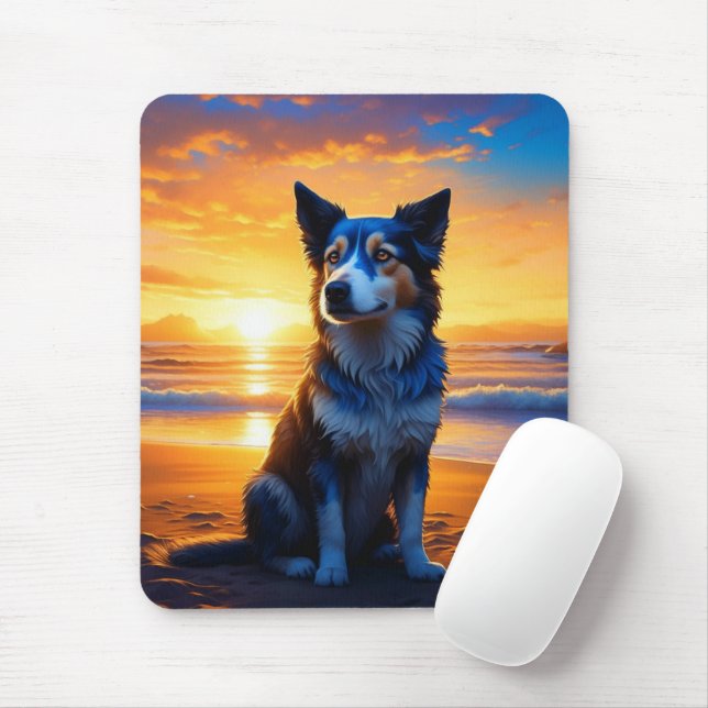 Cute Dog at Sunset Serene Ocean Beach Mouse Pad (With Mouse)