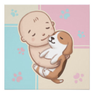 Cute Dog & Baby Illustration Art Poster