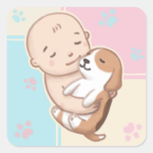 Cute Dog & Baby Illustration Art Square Sticker