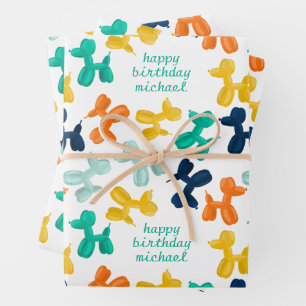 Cute Dog Balloon Pattern Kids Birthday Wrapping Paper Sheet