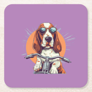 Cute dog biker in the sunset square paper coaster