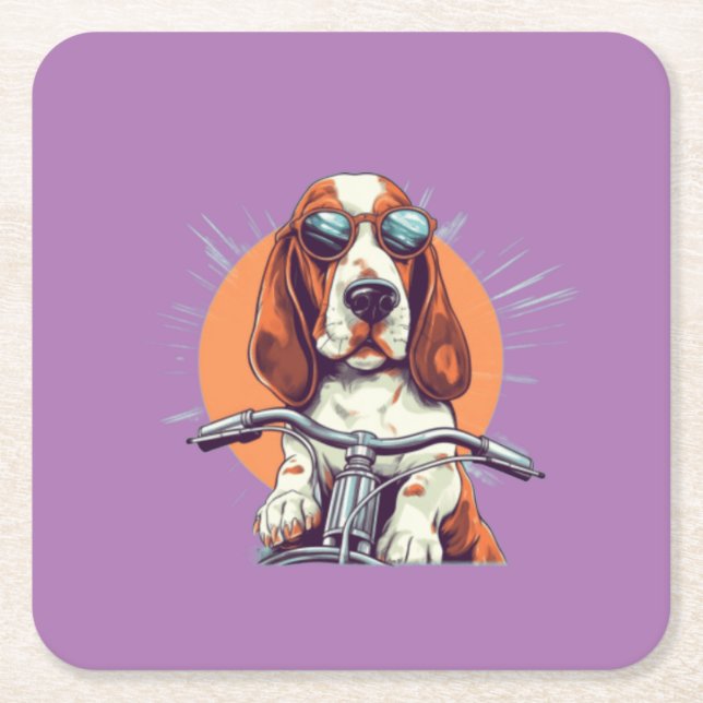 Cute dog biker in the sunset  square paper coaster (Front)