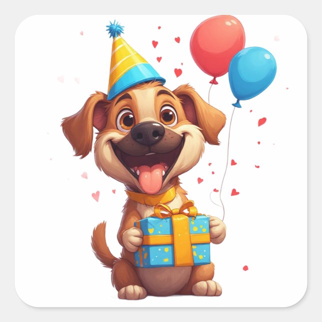 🎂 Cute Dog Birthday Celebration With Gift Square Sticker (Front)