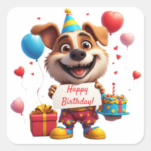 Cute Dog Birthday With Gift And Sign 🐶 Square Sticker