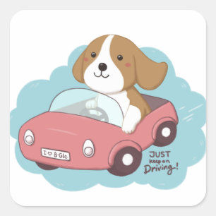 Cute Dog & Car Illustration Square Sticker