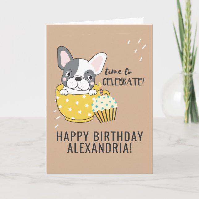 Cute Dog Cartoon Cupcake Candle Happy Birthday Card (Front)