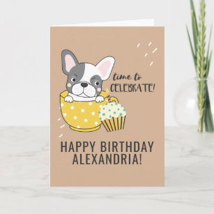 Cute Dog Cartoon Cupcake Candle Happy Birthday Card