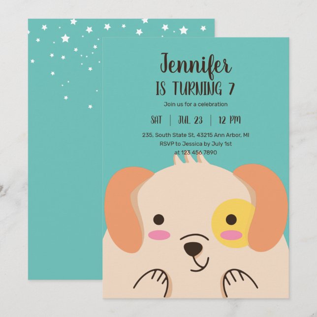 Cute Dog Cartoon Puppy Kids Birthday Invitation (Front/Back)