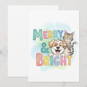 Cute Dog & Cat Merry & Bright Holiday Card