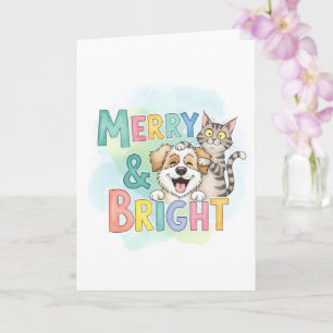 Cute Dog & Cat Merry & Bright Holiday Greetings Card