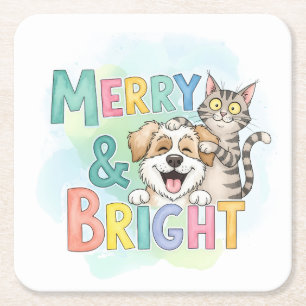Cute Dog & Cat Merry & Bright  Square Paper Coaster