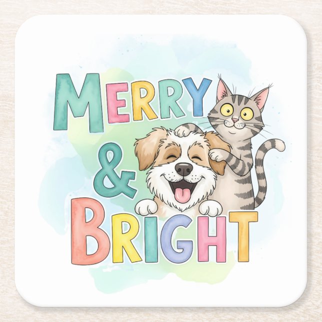 Cute Dog & Cat Merry & Bright  Square Paper Coaster (Front)