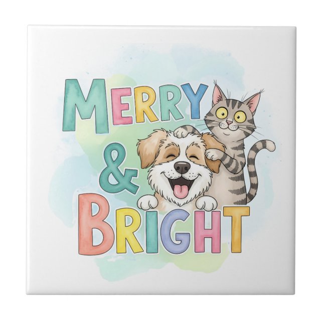 Cute Dog & Cat Merry & Bright  Tile (Front)