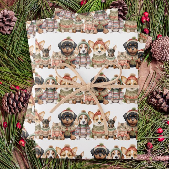 Cute Dog Cat Pets Knitted Sweaters Christmas Wrapping Paper Sheet (Creator Uploaded)