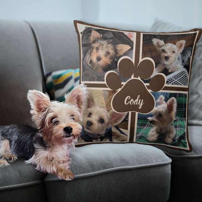Cute Dog Cat Photo Collage Pet Name Throw Pillow (Custom Dog Paw Pet Photo Collage Personalized Pet Name Pillow)