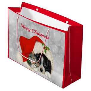 Cute Dog Cat Santa Cap Christmas Large Gift Bag