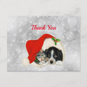 Cute Dog Cat Santa Cap Christmas Thank You Postcard