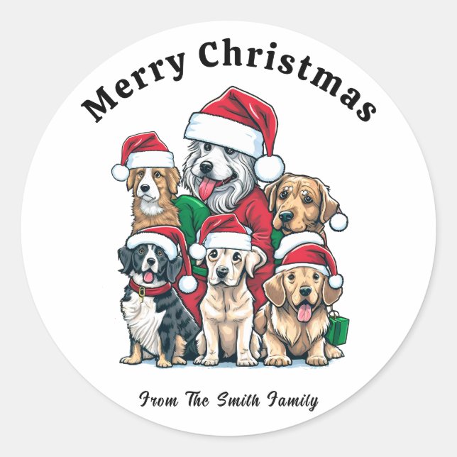 Cute Dog Christmas Drawing  Classic Round Sticker (Front)