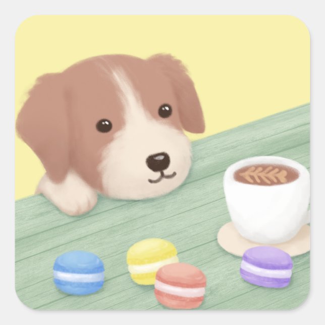 Cute Dog, Coffee, and Macarons Illustration Art Square Sticker (Front)