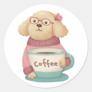 Cute Dog & Coffee Illustration Classic Round Sticker