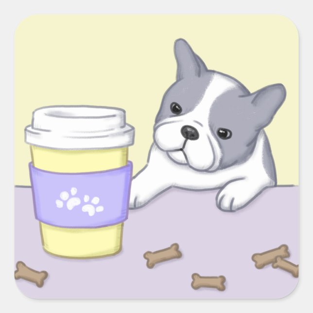Cute Dog, Cup, and Biscuits Illustration Art Square Sticker (Front)
