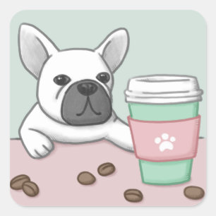 Cute Dog, Cup, and Coffee Beans Illustration Art Square Sticker
