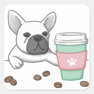Cute Dog, Cup, and Coffee Beans Illustration Square Sticker