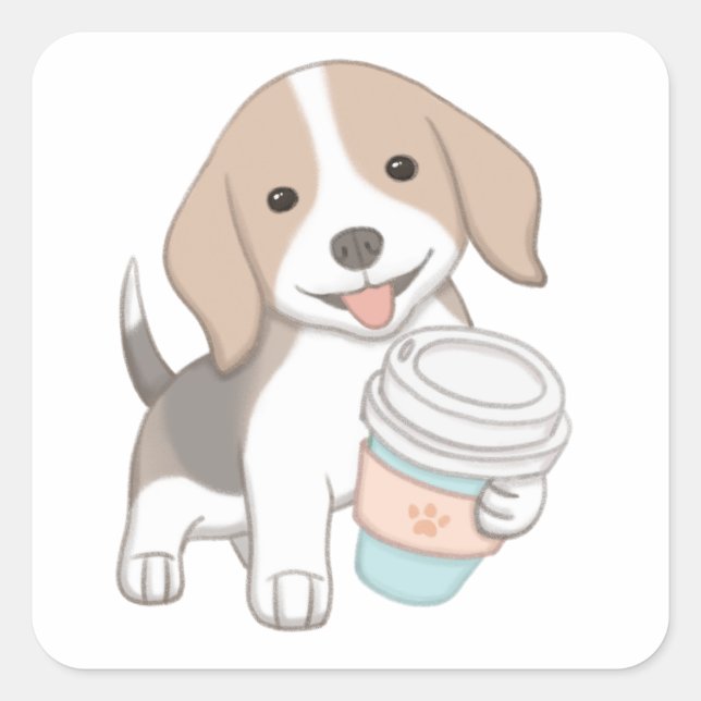 Cute Dog & Cup Illustration Square Sticker (Front)