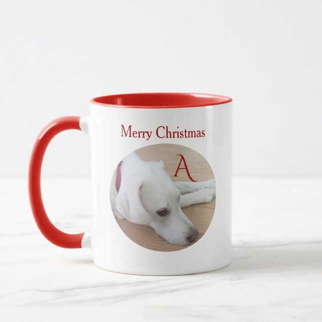Cute Dog Custom Single Initial Red Christmas Mug (Left)