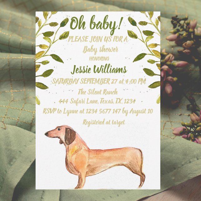 Cute Dog Dachshund Floral Green Weiner Baby Shower Invitation (Creator Uploaded)
