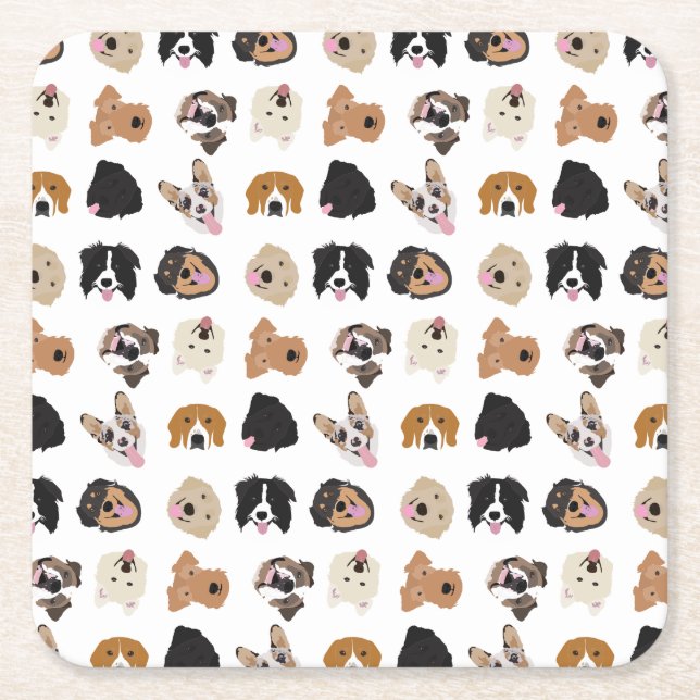 Cute Dog Face Illustration Pattern Square Paper Coaster (Front)