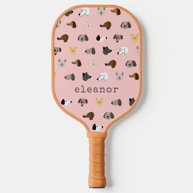 Cute Dog Faces Pink Personalised Name Fun Pickleball Paddle (Front)