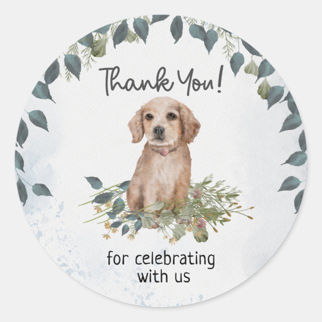 Cute Dog Floral Baby Shower Thank You Classic Round Sticker (Front)