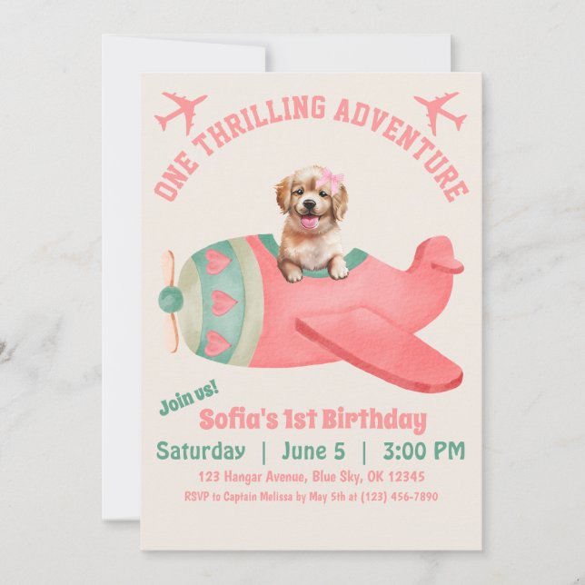 Cute Dog Flying Aeroplane Pink Watercolor Birthday Invitation (Front)