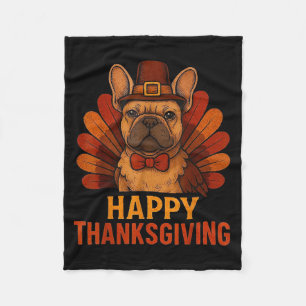 Cute Dog Frenchie Happy Thanksgiving Kids Teen Gir Fleece Blanket