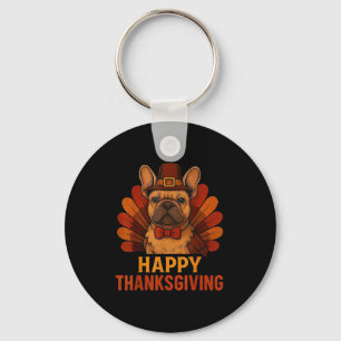 Cute Dog Frenchie Happy Thanksgiving Kids Teen Gir Key Ring