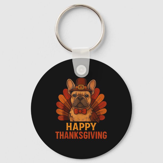 Cute Dog Frenchie Happy Thanksgiving Kids Teen Gir Key Ring (Front)