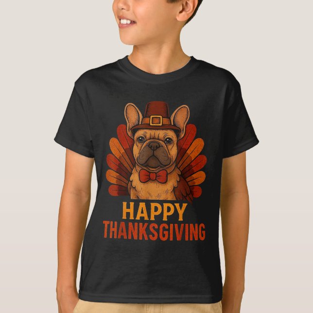 Cute Dog Frenchie Happy Thanksgiving Kids Teen Gir T-Shirt (Front)