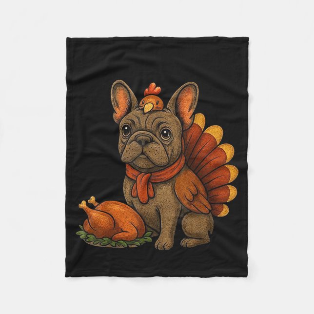 Cute Dog Frenchie Thanksgiving Kids Teen Girl Boy  Fleece Blanket (Front)