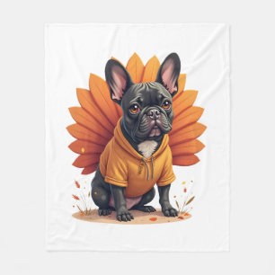 Cute Dog Frenchie Thanksgiving Kids Teen Girl Boy  Fleece Blanket